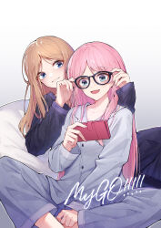 Rule 34 | 2girls, :d, adjusting another&#039;s eyewear, bang dream!, bang dream! it&#039;s mygo!!!!!, brown hair, buttons, cellphone, chihaya anon, chinese commentary, collarbone, commentary request, glasses, gradient background, grin, highres, holding, holding phone, indian style, light blush, long hair, looking at another, looking at phone, multiple girls, nagasaki soyo, nail polish, open mouth, pajamas, phone, pillow, pink hair, pink nails, purple pajamas, sitting, smartphone, smile, white pajamas, yun cao bing