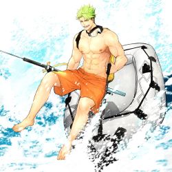 Rule 34 | 1boy, abs, achilles (fate), bara, bare pectorals, fate/grand order, fate (series), fishing rod, full body, goggles, goggles around neck, green hair, highres, large pectorals, male focus, male swimwear, muscular, muscular male, navel, nipples, official alternate costume, orange male swimwear, pectorals, rinnnnake, short hair, smile, solo, spiked hair, stomach, swim trunks, water