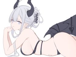 Rule 34 | 1girl, absurdres, ahoge, arm support, ass, bad id, bad twitter id, bare arms, bikini, black bikini, breasts, cowboy shot, demon horns, demon tail, demon wings, from side, grey eyes, grey hair, highres, horns, interlocked fingers, large breasts, long hair, looking at viewer, lying, navel, nekojira, on stomach, original, parted lips, pointy ears, sideboob, sidelocks, simple background, solo, stomach, swimsuit, tail, thea (nekojira), thighs, white background, wings