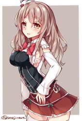 Rule 34 | 10s, 1girl, breasts, brown eyes, brown hair, kantai collection, large breasts, long hair, miniskirt, open mouth, pola (kancolle), skirt, smile, solo, thighhighs, twitter username, unacchi (nyusankin), wavy hair, zettai ryouiki