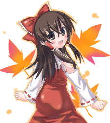 Rule 34 | 1girl, black eyes, black hair, blush, bow, detached sleeves, female focus, hair bow, hair tubes, hakurei reimu, leaf, long hair, looking at viewer, looking back, open mouth, red bow, red skirt, ribbon-trimmed sleeves, ribbon trim, saeki nao, simple background, skirt, skirt set, smile, solo, touhou, vest, white background