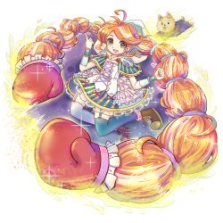 Rule 34 | 1girl, absurdly long hair, blue thighhighs, blue wrist cuffs, boxing gloves, braid, brown footwear, chiuanzhang, dorothy gale, full body, garter straps, green eyes, index finger raised, long hair, orange hair, prehensile hair, shirt, sidelocks, solo, the wizard of oz, thighhighs, toto (twooz), transparent background, twin braids, very long hair, white shirt, wrist cuffs, yorkshire terrier