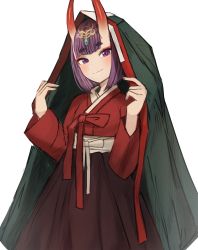 Rule 34 | 1girl, absurdres, blush, bob cut, breasts, eyeliner, fate/grand order, fate (series), hanbok, headpiece, highres, horns, korean clothes, long sleeves, looking at viewer, makeup, oni, purple eyes, purple hair, sash, short hair, shuten douji (fate), simple background, skin-covered horns, small breasts, smile, sookmo, white background