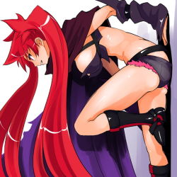 Rule 34 | 1girl, aq interactive, arcana heart, arcana heart 3, arm support, ass, atlus, belt, boots, breasts, cape, crop top, cutoffs, denim, denim shorts, detached sleeves, evil grin, evil smile, examu, floating hair, from side, grin, knee boots, large breasts, leg up, long hair, looking afar, low twintails, midriff, profile, red eyes, red hair, scharlachrot, shadow, short shorts, shorts, sideboob, simple background, sitting, skindentation, sleeves past wrists, smile, solo, takashi moritaka, twintails, very long hair, white background, wind