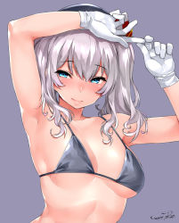 Rule 34 | 1girl, armpits, beret, bikini, bikini top only, black bikini, black hat, blue eyes, blush, breasts, breasts apart, closed mouth, collarbone, gloves, grey hair, happa (cloverppd), hat, kantai collection, kashima (kancolle), lips, looking at viewer, medium breasts, nose blush, purple background, signature, simple background, smile, solo, string bikini, swimsuit, tsurime, twintails, underboob, upper body, wavy hair, white gloves