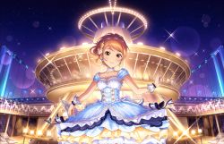 Rule 34 | 1girl, alternate hairstyle, blue dress, blue nails, blush, bow, breasts, brown eyes, cardigan, choker, dress, earrings, fingernails, flower, frills, hair flower, hair ornament, highres, houjou karen, idolmaster, idolmaster cinderella girls, idolmaster cinderella girls starlight stage, jewelry, lights, looking at viewer, medium breasts, nail polish, necklace, night, night sky, orange hair, ribbon, sky, smile, solo, stage, standing, star (sky), starry sky, swept bangs, wrist cuffs