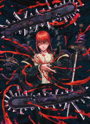 Rule 34 | 1girl, absurdres, black jacket, blood, blood on face, blood splatter, braid, chainsaw man, closed mouth, demon girl, disembodied eye, disembodied hand, fantasy, hell, highres, holding, holding sword, holding weapon, jacket, long hair, long sleeves, looking at viewer, makima (chainsaw man), puffy long sleeves, puffy sleeves, red hair, ringed eyes, shirt, sidelocks, skull, sword, weapon, white shirt, yamanakatomoro, yellow eyes
