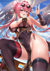 Rule 34 | 1girl, :o, azur lane, bare shoulders, black dress, black nails, black thighhighs, blue sky, blush, bra, bra peek, braid, braided bun, breasts, bremerton (azur lane), bremerton (kung fu cruiser) (azur lane), bridal gauntlets, brown bra, china dress, chinese clothes, cleavage, clenched hand, cloud, commentary request, covered erect nipples, covered navel, cowboy shot, cyicheng, day, double bun, dress, eyewear on head, from below, grey hair, groin, hair between eyes, hair bun, hair intakes, hair ornament, hair ribbon, hand up, highleg, highleg panties, large breasts, long hair, looking at viewer, mole, mole under eye, multicolored hair, nail polish, official alternate costume, open mouth, panties, patreon username, pelvic curtain, pink eyes, pink hair, ribbon, round eyewear, side-tie panties, sidelocks, signature, skindentation, sky, sleeveless, sleeveless dress, solo, standing, standing on one leg, strapless, strapless bra, streaked hair, thighhighs, tinted eyewear, two-tone hair, underwear