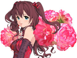 Rule 34 | 1girl, ahoge, bad id, bad pixiv id, black gloves, blue eyes, blush, bow, breasts, brown hair, dress, earrings, elbow gloves, flower, gloves, hair between eyes, hair bow, ichinose shiki, idolmaster, idolmaster cinderella girls, jewelry, kirarin369, lips, long hair, looking at viewer, medium breasts, parted lips, red bow, red dress, red flower, simple background, smile, solo, striped, striped bow, two side up, upper body, white background