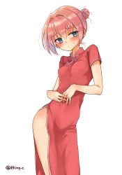 Rule 34 | 1girl, alternate costume, blue eyes, blush, china dress, chinese clothes, cowboy shot, dress, embarrassed, hair bobbles, hair ornament, kantai collection, looking at viewer, pink hair, r-king, red dress, shiranui (kancolle), short hair, side slit, simple background, solo, standing, twitter username, white background