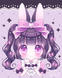 Rule 34 | 1girl, animal ears, black hair, blunt bangs, blush, bow, closed mouth, hair bow, heart, heart-shaped pupils, heart background, highres, himetsuki luna, looking at viewer, original, pink bow, pink shirt, puffy short sleeves, puffy sleeves, purple eyes, rabbit ears, shirt, short sleeves, signature, smile, solo, sparkle, symbol-shaped pupils, twintails, twitter username, upper body, wrist cuffs