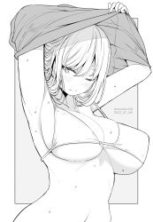 Rule 34 | 1girl, armpits, arms up, bikini, bikini top only, blush, breasts, closed mouth, commentary request, dated, grey background, greyscale, highres, kichihachi, large breasts, looking at viewer, monochrome, navel, one eye closed, original, short hair, solo, sweat, swimsuit, twitter username, two-tone background, undressing, upper body, white background