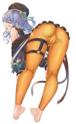 Rule 34 | 1girl, absurdres, ass, bare shoulders, barefoot, bent over, beret, black skirt, blue eyes, blue hair, blush, cameltoe, cleft of venus, from behind, full body, hands on own knees, hat, highres, hololive, honkivampy, hoshimachi suisei, hoshimachi suisei (streetwear), jacket, kneepits, long hair, looking at viewer, looking back, miniskirt, open mouth, orange pants, pants, pleated skirt, profile, simple background, skin tight, skirt, smile, solo, tight clothes, tight pants, toes, virtual youtuber, white background