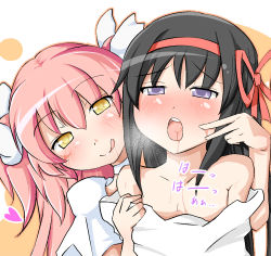 Rule 34 | 10s, 2girls, :d, akemi homura, bad id, bad pixiv id, black hair, blush, bow, breath, drooling, hair bow, hair ribbon, heart, kaname madoka, long hair, mahou shoujo madoka magica, mahou shoujo madoka magica (anime), multiple girls, naughty face, open mouth, pink hair, ribbon, role reversal, saliva, saliva trail, smile, teeth, tongue, translation request, twintails, two side up, ultimate madoka, undressing, yellow eyes, yucblossom, yuri