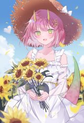 Rule 34 | 1girl, blush, bow, brown hat, detached sleeves, dress, flower, green eyes, gusao, hat, hat bow, highres, holding, holding flower, horns, open mouth, pink hair, see-through, see-through sleeves, short hair, smile, solo, straw hat, sunflower, white bow, white dress, yellow flower, yellow horns, yomogi mogu, youtube