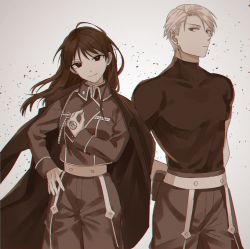 Rule 34 | 1boy, 1girl, aiguillette, amestris military uniform, arms behind back, belt, black shirt, closed mouth, coat, coat on shoulders, cowboy shot, earrings, floating hair, frown, fullmetal alchemist, genderswap, genderswap (ftm), genderswap (mtf), gloves, hand on own hip, height difference, highres, holster, jewelry, kazari (kazaliecho), light particles, long hair, long sleeves, looking at viewer, monochrome, pants, riza hawkeye, roy mustang, shirt, short hair, short sleeves, side-by-side, sideways glance, smile, stud earrings, tight clothes, tight shirt, turtleneck