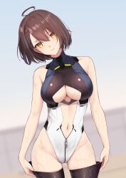 Rule 34 | 1girl, absurdres, ahoge, armpit crease, azur lane, baltimore (azur lane), bare arms, bare shoulders, black thighhighs, breasts, brown hair, cleavage, closed mouth, clothing cutout, highres, large breasts, mr.blackcat666, navel cutout, one-piece swimsuit, short hair, solo, swimsuit, thighhighs, underboob, wet, wet hair, yellow eyes, zipper pull tab