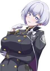 Rule 34 | + +, 1girl, arm under breasts, black capelet, black jacket, breasts, cape, capelet, colored inner hair, finger to own chin, gloves, goddess of victory: nikke, grey hair, jacket, large breasts, light blush, liliweiss (nikke), looking at viewer, military uniform, multicolored hair, parted lips, purple eyes, purple hair, sankakukin gear, short hair, simple background, smile, solo, star-shaped pupils, star (symbol), symbol-shaped pupils, two-sided cape, two-sided fabric, uniform, white background, white gloves