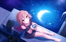 Rule 34 | 10s, 1girl, barefoot, boots, bracelet, crescent, crescent moon, cupping hands, feet, from above, idolmaster, idolmaster cinderella girls, idolmaster cinderella girls starlight stage, jewelry, key, key necklace, long hair, looking up, moon, moon reflection, moonlight, multicolored hair, necklace, ninomiya asuka, official art, orange hair, own hands together, pool, pool ladder, poolside, purple eyes, reflection, sitting, solo, striped clothes, striped thighhighs, thighhighs, toes, two-tone hair, unworn boots, unworn socks, water