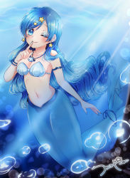 Rule 34 | 1girl, absurdres, air bubble, armlet, bare shoulders, blue eyes, blue eyeshadow, blue hair, blue nails, blush, bracelet, breasts, bubble, cleavage, closed mouth, collarbone, commentary, earrings, eyeshadow, full body, hair ornament, highres, houshou hanon, index finger raised, jewelry, light rays, long hair, looking at viewer, makeup, mermaid, mermaid melody pichi pichi pitch, monster girl, nail polish, navel, necklace, one eye closed, pearl bracelet, shell, shell bikini, shell necklace, sidelocks, signature, smile, solo, star (symbol), star earrings, star hair ornament, stomach, tail, tail ornament, tsukishiro yayoi (yumeir0), underwater