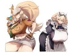 Rule 34 | 2girls, abs, apron, barghest (fate), barghest (swimsuit archer) (fate), black dress, blonde hair, breasts, cleavage, closed mouth, collared dress, dress, dual persona, fate/grand order, fate (series), fingerless gloves, gloves, green eyes, grey headwear, grey skirt, gun, hat, heterochromia, high ponytail, highres, horns, huge breasts, leaning forward, long hair, long sleeves, looking at viewer, maid, maid headdress, medium hair, midriff, miniskirt, multiple girls, muscular, muscular female, navel, neckerchief, no-kan, pencil skirt, red eyes, shirt, short sleeves, sidelocks, skirt, smile, thick thighs, thighs, tied shirt, weapon, white apron, white gloves, yellow gloves, yellow shirt