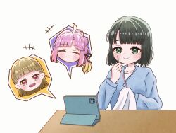 Rule 34 | +++, 3girls, :3, :d, ^ ^, ahoge, anyoji hime, black hair, black ribbon, blonde hair, blue cardigan, blunt bangs, blunt ends, blush, braid, brown hair, cardigan, cellphone, center-flap bangs, closed eyes, closed mouth, colored speech bubble, commentary request, gradient hair, hair ribbon, highres, holding cloth, holding sewing needle, kachimachi kosuzu, link! like! love live!, long hair, love live!, momose ginko, multi-tied hair, multicolored hair, multiple girls, needle, official alternate costume, okome (okome l l), open mouth, phone, pink eyes, pink hair, ponytail, ribbon, sewing, sewing needle, shirt, short hair, side ahoge, side braids, sidelocks, simple background, smartphone, smile, split mouth, spoken character, straight hair, swept bangs, table, thread, virtual youtuber, white background, white shirt