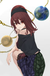 Rule 34 | 1girl, absurdres, black headwear, black shirt, chain, closed mouth, earth (ornament), feet out of frame, hair between eyes, hecatia lapislazuli, highres, looking at viewer, moon (ornament), multicolored clothes, multicolored skirt, off-shoulder shirt, off shoulder, palulap, red eyes, red hair, shirt, short hair, short sleeves, skirt, smile, solo, t-shirt, touhou