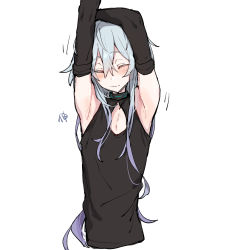 Rule 34 | 1boy, arknights, azuma shino, black gloves, black shirt, blush, closed eyes, closed mouth, collar, cropped torso, elbow gloves, facing viewer, gloves, grey hair, infection monitor (arknights), long hair, male focus, mizuki (arknights), motion lines, shirt, simple background, sleeveless, sleeveless shirt, solo, stretching, upper body, white background