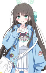 Rule 34 | 1girl, airi (band) (blue archive), airi (blue archive), alternate costume, bag, black hair, blue archive, blue background, blue eyes, blush, collarbone, commentary request, english text, hair ornament, halo, highres, jacket, long hair, looking at viewer, ribbon, sateto (user knrf2332), school uniform, simple background, solo, v, white background