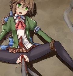 Rule 34 | 1girl, absurdres, blood, brown hair, corpse, death, eiyuu densetsu, empty eyes, green eyes, guro, highres, long hair, object insertion, open mouth, pantyhose, pussy, skirt, solo, spread legs, tears, torn clothes, torn pantyhose, towa herschel, vaginal, vaginal object insertion, watari laboratory (artist)