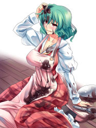 Rule 34 | 1girl, apron, arm up, black pantyhose, bowl, breasts, chocolate, chocolate on face, cleavage, clumsy, female focus, floor, food, food on face, frilled skirt, frills, green hair, highres, holding, holding hair, kazami yuuka, kinntarou, messy, open mouth, pantyhose, plaid, plaid skirt, plaid vest, puffy sleeves, red eyes, shirt, short hair, sitting, skirt, solo, tears, touhou, vest, wariza, wavy mouth, whisk, wooden floor