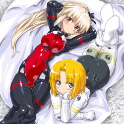 Rule 34 | 10s, 2girls, arms behind head, arnval, ass, bad id, bad pixiv id, bed sheet, blonde hair, blush, bodysuit, breast press, busou shinki, covered navel, crossed legs, dd (ijigendd), doll joints, dual persona, from above, gloves, hair ribbon, head rest, high ponytail, joints, legs up, light smile, long hair, looking at viewer, looking away, lying, multiple girls, on back, on stomach, parted bangs, ponytail, red eyes, ribbon, short hair, smile, white hair