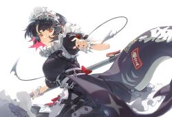 Rule 34 | 1girl, black dress, black hair, breasts, closed mouth, colored inner hair, dress, ellen joe, fins, fish tail, highres, holding, holding weapon, large breasts, looking at viewer, maid headdress, mole, mole under eye, multicolored hair, red eyes, red hair, red nails, sanfuyi, shark tail, short hair, short sleeves, simple background, solo, tail, weapon, white background, zenless zone zero