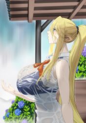 Rule 34 | 1girl, absurdres, animal ears, bare shoulders, blonde hair, blue bra, blue eyes, bra, breasts, bus stop, centorea shianus, collared shirt, commentary request, cowboy shot, flower, hair between eyes, highres, horse ears, huge breasts, hydrangea, imaani, long hair, looking up, monster girl, monster musume no iru nichijou, neck ribbon, open mouth, outdoors, pointy ears, ponytail, profile, rain, red ribbon, ribbon, see-through, see-through shirt, shirt, sidelocks, sleeveless, sleeveless shirt, solo, standing, underwear, very long hair, wet, wet clothes, wet shirt