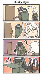 Rule 34 | 2girls, 4koma, :3, ahoge, animal ears, assault rifle, ballistic shield, black hair, comic, copyright request, dog ears, english text, explosion, gun, high-explosive anti-tank (warhead), highres, jitome, jpc, m4 carbine, man-portable anti-tank systems, military, multicolored hair, multiple girls, rifle, rocket-propelled grenade, rocket (projectile), rocket launcher, rpg, rpg-7, rpg (weapon), shield, silent comic, tail, two-tone hair, weapon, white hair