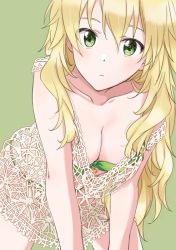 Rule 34 | 1girl, all fours, bikini, blonde hair, breasts, cleavage, closed mouth, collarbone, demirinz, green background, green bikini, green eyes, hair between eyes, hoshii miki, idolmaster, idolmaster (classic), long hair, looking at viewer, medium breasts, revealing clothes, shirt, simple background, solo, strapless, strapless bikini, swimsuit, very long hair