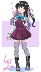 Rule 34 | 1girl, aqua bow, aqua bowtie, black hair, blazer, boots, bow, bowtie, breasts, colored inner hair, dated, fang, full body, grey thighhighs, hair down, hairband, highres, jacket, kantai collection, large breasts, ld (luna dial398), long hair, looking at viewer, multicolored hair, naganami (kancolle), naganami kai ni (kancolle), pink hair, school uniform, shadow, shirt, signature, solo, thighhighs, two-tone hair, wavy hair, white background, white hairband, yellow eyes