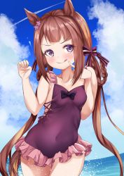 Rule 34 | 1girl, :q, animal ears, bare arms, bare shoulders, black bow, blue sky, blush, bow, braid, braided hair rings, breasts, brown hair, casual one-piece swimsuit, closed mouth, cloud, cloudy sky, collarbone, commentary request, covered navel, day, flower, frilled swimsuit, frills, hair flower, hair ornament, hair rings, hands up, highres, horizon, horse ears, horse girl, horse tail, long hair, looking at viewer, low twintails, ocean, official alternate costume, one-piece swimsuit, outdoors, purple eyes, purple flower, purple one-piece swimsuit, setu (shining12), sky, small breasts, smile, solo, sweep tosho (monopolizing the chill?) (umamusume), sweep tosho (umamusume), swimsuit, tail, tongue, tongue out, twin braids, twintails, umamusume, v-shaped eyebrows, very long hair, water