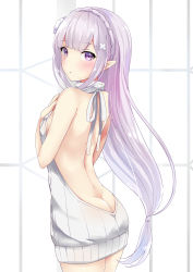 Rule 34 | 10s, 1girl, :o, absurdres, aran sweater, ass, backless dress, backless outfit, bare back, bare shoulders, blush, braid, breasts, butt crack, cable knit, cowboy shot, crown braid, dress, elf, emilia (re:zero), flower, from behind, hair flower, hair ornament, halterneck, highres, kaetzchen, long hair, looking at viewer, looking back, low-tied long hair, meme attire, naked sweater, parted lips, pointy ears, purple eyes, purple hair, re:zero kara hajimeru isekai seikatsu, ribbed sweater, short dress, sideboob, silver hair, small breasts, solo, sweater, sweater dress, turtleneck, turtleneck sweater, very long hair, virgin killer sweater, white background, white dress, white flower, white sweater