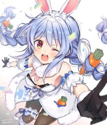 Rule 34 | 1girl, animal ear fluff, animal ears, arm cuffs, armpit peek, black gloves, black leotard, black pantyhose, blue hair, blush, braid, breasts, carrot hair ornament, cleavage, coat, commentary, dakuryuu, dated, don-chan (usada pekora), food-themed hair ornament, fur-trimmed coat, fur-trimmed gloves, fur scarf, fur trim, gloves, hair ornament, hair ribbon, highres, hololive, jumping, leotard, light blue hair, long hair, looking at viewer, multicolored hair, off-shoulder coat, off shoulder, one eye closed, open mouth, outstretched arms, pantyhose, playboy bunny, pom pom (clothes), rabbit ears, rabbit girl, red eyes, ribbon, shoes, signature, simple background, small breasts, smile, solo, symbol-shaped pupils, thick eyebrows, thigh strap, tress ribbon, twin braids, twintails, two-tone hair, usada pekora, usada pekora (1st costume), v, virtual youtuber, white background, white coat, white footwear, white hair