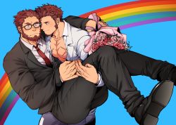 Rule 34 | 2boys, absurdres, alternate costume, aqua background, arm around shoulder, ass, bara, beard, bespectacled, black-framed eyewear, black pants, black suit, blue eyes, blue neckwear, blush, bouquet, brown hair, carrying, collared shirt, commission, couple, cross scar, dark-skinned male, dark skin, embarrassed, face-to-face, facial hair, fate/grand order, fate (series), flower, flustered, formal, glasses, goatee, grin, highres, holding, holding bouquet, holding hands, holmy (holmesdmode), husband and husband, iskandar (fate), jewelry, large pectorals, lgbt pride, long sideburns, male focus, mature male, multiple boys, muscular, muscular male, napoleon bonaparte (fate), necktie, one eye closed, pants, partially unbuttoned, pectoral cleavage, pectoral docking, pectoral press, pectorals, princess carry, rainbow, raised eyebrow, red hair, red neckwear, ring, scar, scar on chest, second-party source, shirt, short hair, sideburns, smile, suit, thick thighs, thighs, wedding, wedding ring, white suit, yaoi
