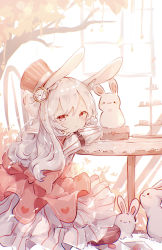 Rule 34 | 1girl, absurdres, animal ears, belt, bow, closed eyes, dress, hat, highres, long hair, long sleeves, miyu (miy u1308), original, pink bow, rabbit, rabbit ears, red eyes, solo, striped clothes, striped headwear, striped sleeves, top hat, watch, white hair
