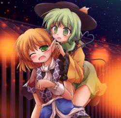 Rule 34 | 2girls, arm warmers, blonde hair, blush, curious, dress, female focus, green eyes, green hair, hat, heart, heart of string, komeiji koishi, lzh, mizuhashi parsee, multiple girls, open mouth, pointy ears, short hair, skirt, touhou, uncommon stimulation, wince