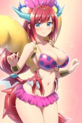 Rule 34 | 1girl, bare shoulders, bikini, blue eyes, blue horns, blush, breasts, cleavage, commission, dragon girl, dragon horns, duel monster, hair ornament, highres, horns, jewelry, kitchen dragonmaid, large breasts, long hair, nail polish, navel, pataneet, pink hair, pixiv commission, polka dot, polka dot bikini, red wings, solo, stomach, swimsuit, wings, yu-gi-oh!