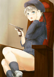 Rule 34 | 10s, 1girl, absurdres, bad id, bad nicoseiga id, beret, blue eyes, blush, dress, gedou (shigure seishin), gun, handgun, hat, highres, kantai collection, long sleeves, looking at viewer, luger p08, md5 mismatch, open mouth, personification, resized, sailor collar, sailor dress, sailor hat, short hair, silver hair, solo, trigger discipline, upscaled, weapon, z1 leberecht maass (kancolle)