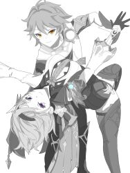 1boy 1girl aether_(genshin_impact) arm_armor boots dameo_da dancing earrings eula_(genshin_impact) genshin_impact gloves greyscale high-waist_shorts highres jewelry medium_hair monochrome purple_eyes scarf shorts simple_background thigh_boots thighs white_background yellow_eyes