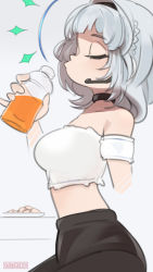 Rule 34 | 1girl, arm strap, black hairband, black leggings, bottle, breasts, from side, hairband, headset, highres, holding, holding bottle, kamishiro rita, leggings, medium breasts, onionsketch, prism project, puckered lips, shirt, short hair, silver hair, solo, strapless, tube top, virtual youtuber, white shirt, white tube top