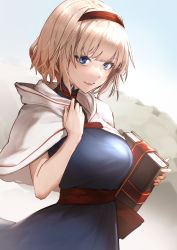 Rule 34 | 1girl, alice margatroid, blonde hair, blue dress, blue eyes, blunt bangs, book, breasts, capelet, cowboy shot, dress, enoki meno, eyebrows hidden by hair, grimoire of alice, hairband, highres, holding, holding book, large breasts, light smile, long hair, simple background, solo, touhou, white capelet