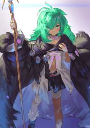 Rule 34 | 1girl, bandaged leg, bandages, black cloak, black footwear, black skirt, blush, boots, cloak, closed mouth, commentary request, granblue fantasy, green eyes, green hair, hair over one eye, holding, holding staff, kolulu (granblue fantasy), long hair, pleated skirt, skirt, smile, solo, staff, standing, wasabi60