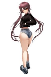 Rule 34 | 1girl, absurdres, alternate costume, ass, black shirt, blouse, brown hair, from behind, genshin impact, hands in pockets, highres, hu tao (genshin impact), huge ass, jacket, long hair, looking at viewer, low twintails, nicorima, red eyes, shiny skin, shirt, short shorts, shorts, simple background, smile, solo, symbol-shaped pupils, thighs, twintails, very long hair, white background